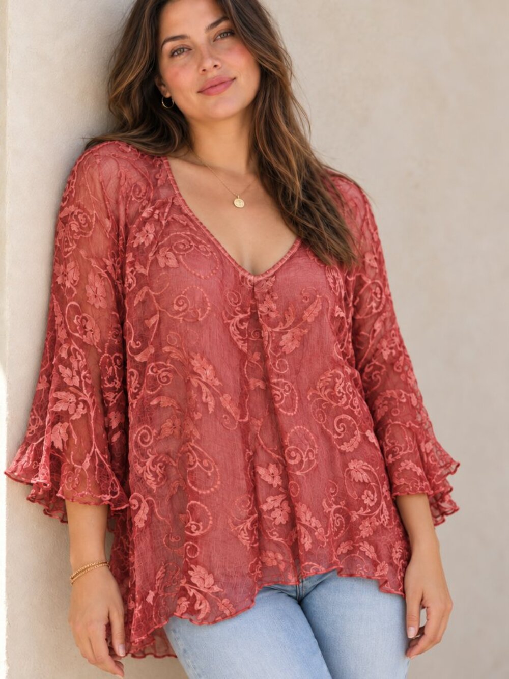 Embroidered Silk Sheer Blouse Gretty Zeuger L Bell Sleeve Coral Fairycore
